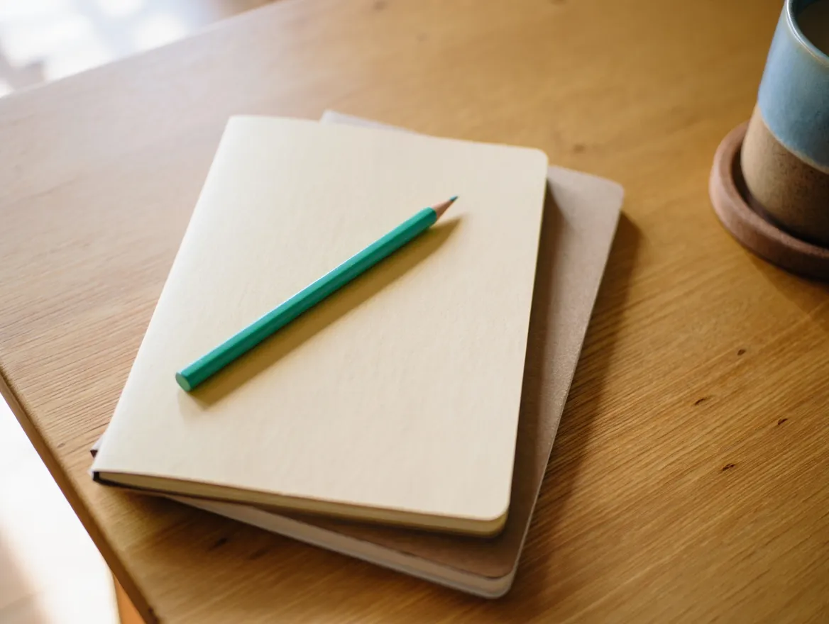 Calm workspace with a notebook and pen arranged on a wooden table